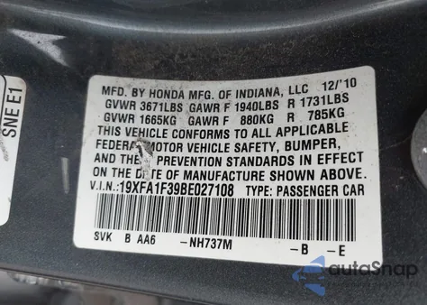 2011 Honda Civic Vp из США, поврежденный, VIN 19XFA1F39BE027108